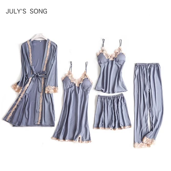 

JULY'S SONG 5 Pieces Pajama Set Sexy Lace Satin Sleepwear Women Summer Spring Fashion Pajamas for Women Robe Sleep Lounge