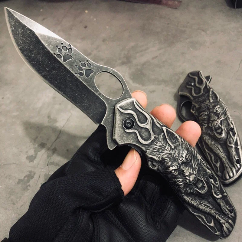 Высокое качество 3D Волк король резной Stonewash Тактический нож выживания кемпинга