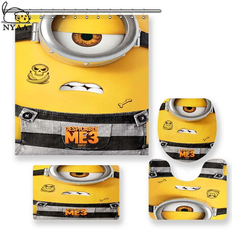 

NYAA 4 Pcs American Cartoon Minions Shower Curtain Pedestal Rug Lid Toilet Cover Mat Bath Mat Set For Bathroom Decor