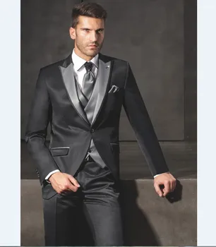 Cena New Arrival Groomsmen Szczyt Szary Lapel Groom Smokingi Błyszczące Czarny Mężczyźni Garnitury ślubne Najlepszy Męski Blezer (kurtka + Spodnie + Krawat + Kamizelka) B965