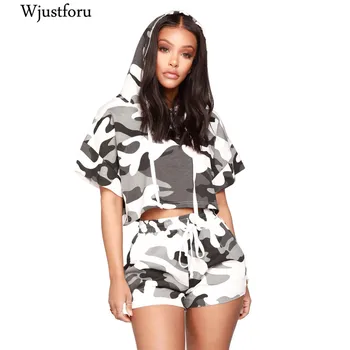 

Wjustforu Camouflage Casual Two Piece Outfits Women Hooded Top And Shorts Two Pece Set Summer Loose Elegant Two Piece Outfits