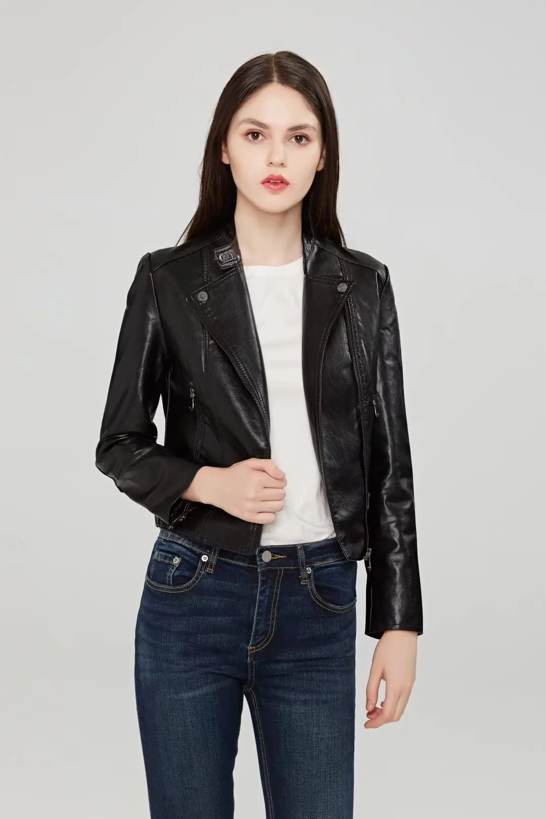 Fashion Casual Womens Faux Leather Jackets and Coats Short Biker Women ...