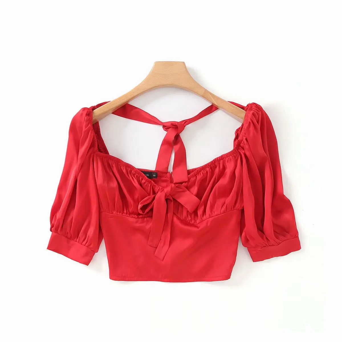 Летний винтажный укороченный топ, Женские топы и блузки, белая блузка, женские топы, женские топы с открытой спиной, сексуальный кавайный галстук-бабочка, пышные рукава, блузы - Цвет: Красный