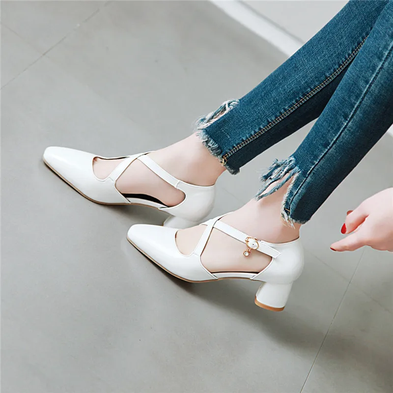 

YMECHIC Big Size White Bride Wedding Shoes Summer Yellow Black Party Chunky String Bead Block Heels Cross Strap Women Pumps 2019
