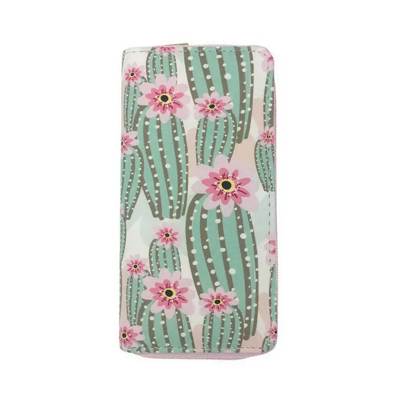 KANDRA Cactus Printing Women Long Wallet PU Leather Summer New Phone Pouch Ladies Plant Card Holder Bag Girls Zipper Coin Purse