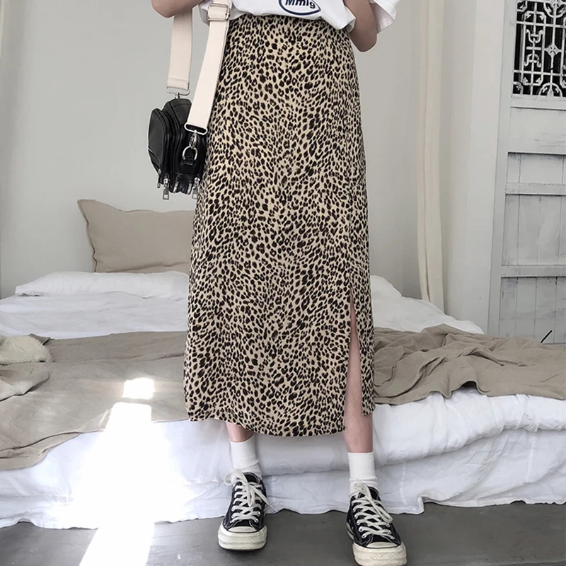 

Leopard Skirt Summer Spring New with Lining A-line Split Printed Saia Midi Slim S-L Harajuku Korean Fashion Cool Skirts Womens