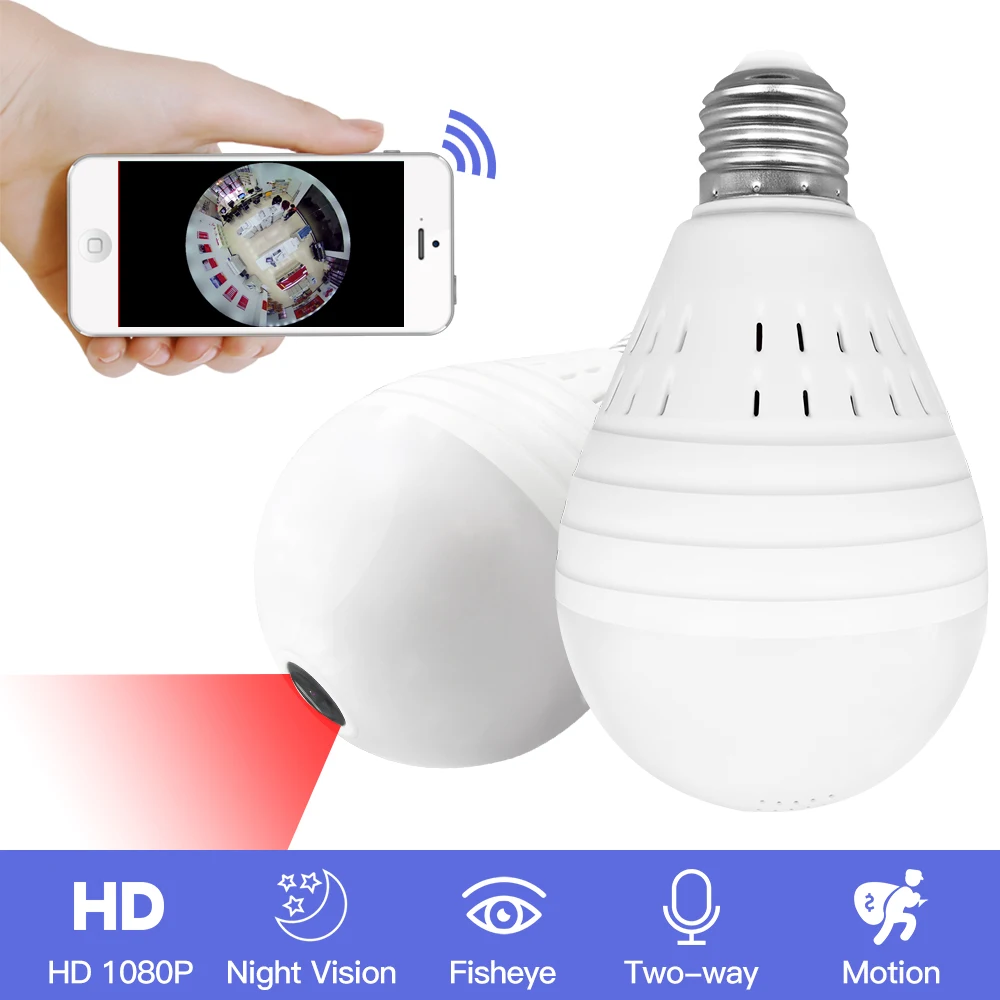 SDETER Bulb Lamp Wireless Wifi IP Camera 1080P 960P FishEye Home Security CCTV Camera 360 Degree