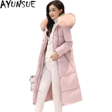 AYUNSUE, женская зимняя куртка на утином пуху,, тонкий длинный пуховик, большой меховой воротник, парка с капюшоном, теплая, модная, Doudoune Femme ST384