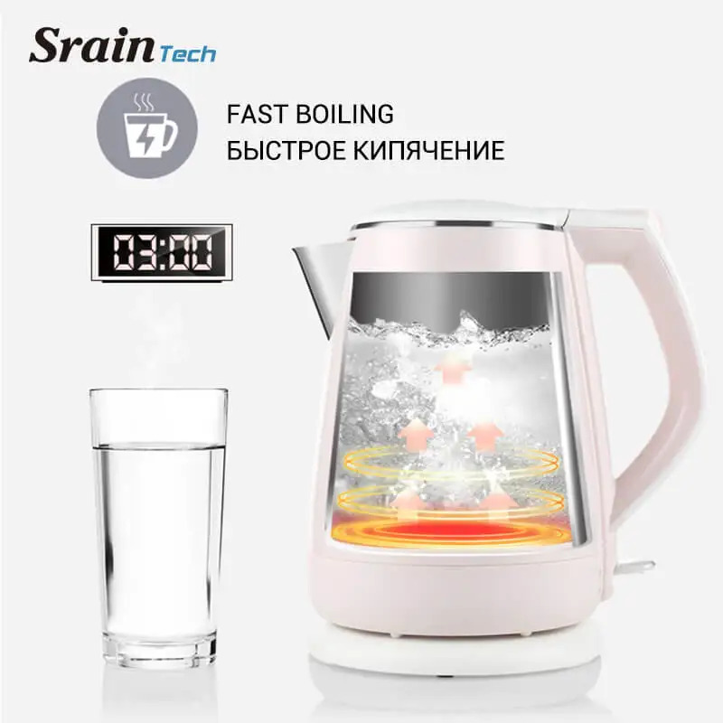 SrainTech 1800 W 1.5L#304 Электрический чайник из нержавеющей стали с большим отверстием и индикаторным светом