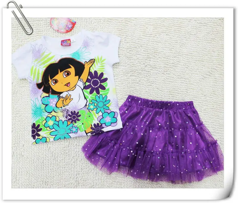 2014 Summer Hot Selling DORA New arrival girls WHITE T shirt + purple TUTU skirts clothing set