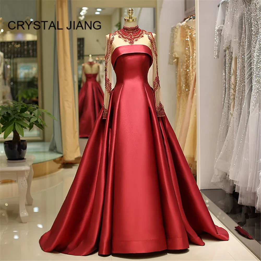 CRYSTAL JIANG 2018 High Neck Crystal Beaded Red Elastic Satin Custom made A Line Long Sleeves Formal Dress Women Elegant | Свадьбы и