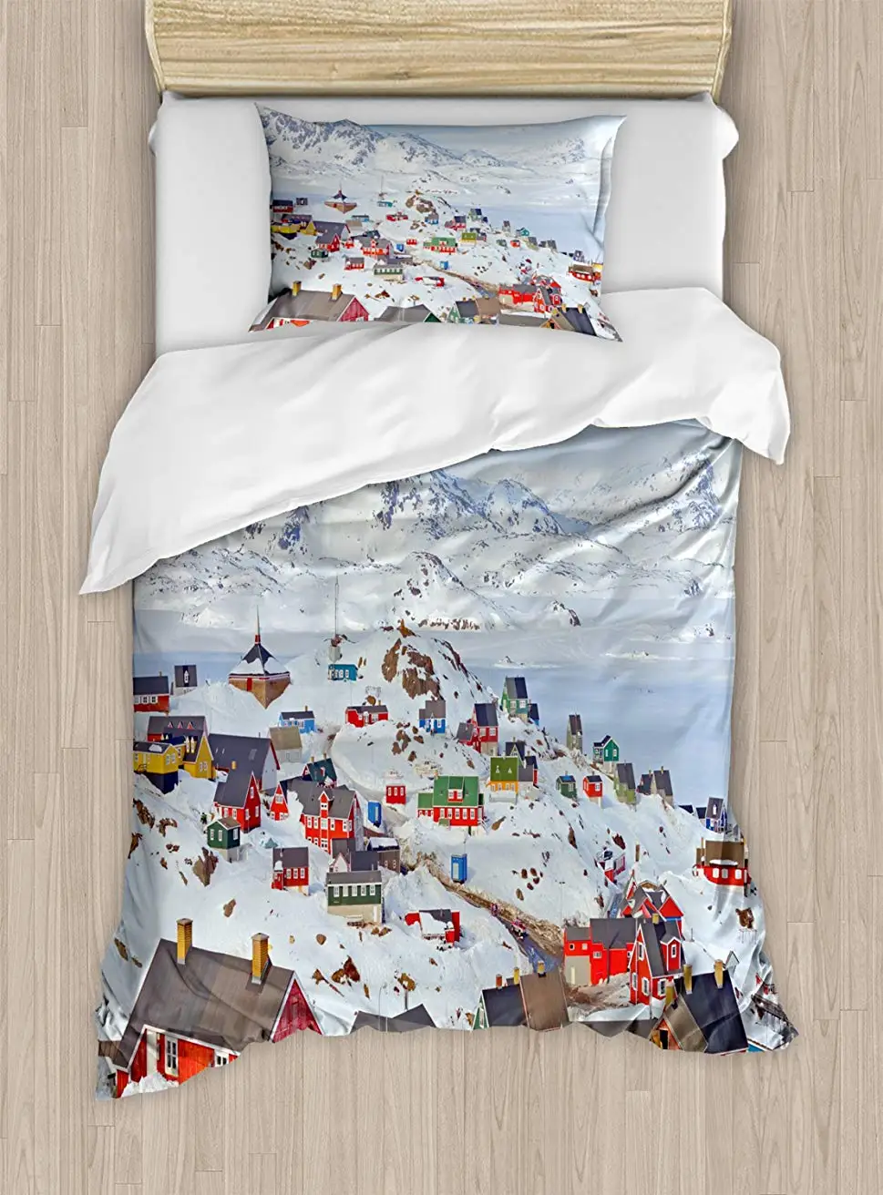 

European Duvet Cover Set Snowy Greenland North Scandinavian Peaceful Frozen Winter Nordic Idyllic Image 2 Piece Bedding Set