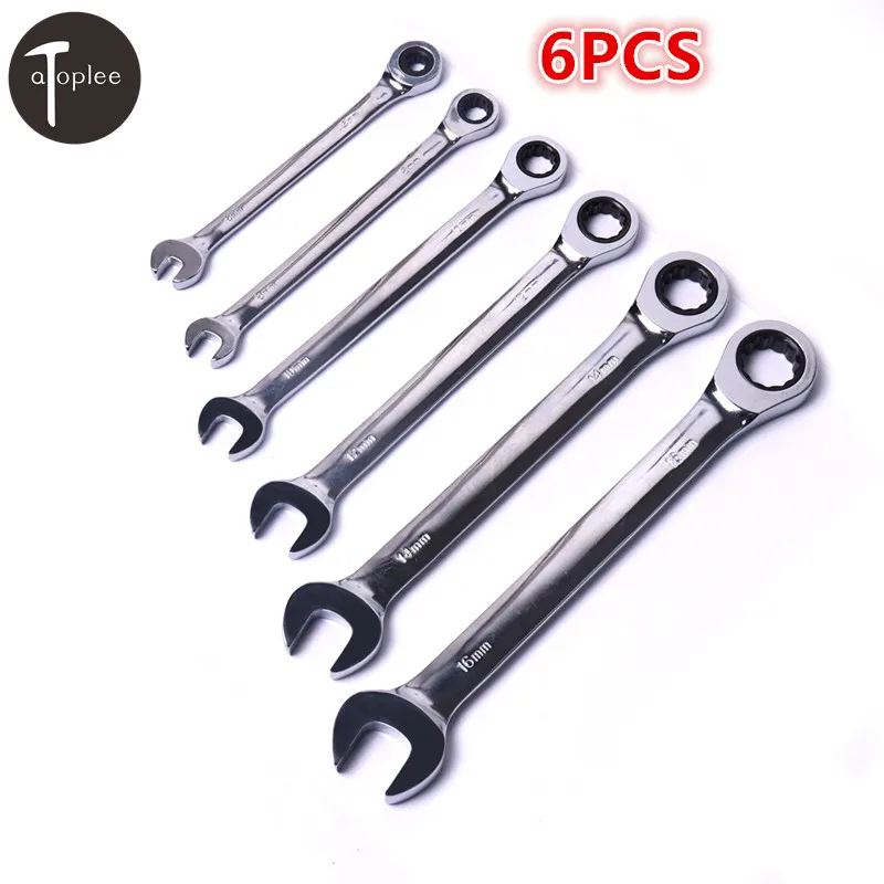 

Universal 6PCS 6/8/10/12/14/16mm Metric Fixed Head Ratchet Combination Spanners Handle Wrench Set Car Home Repair Tools