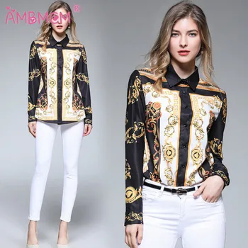 

2019 Royal Printed Womans Blouse Female Regular Casual Blouse OL Work Shirts Floral Print Blouses Woman Spring AMBMCM