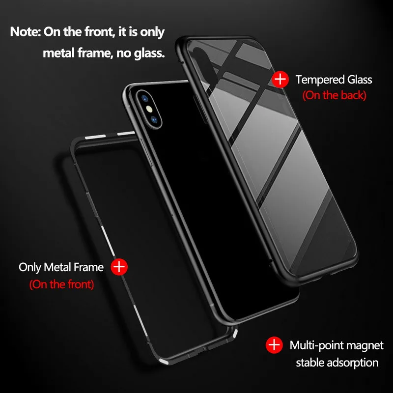 Metal Magnetic Case for iPhone X 7 8 XS MAX XR 6 Metal Bumper+ Back Tempered Glass Cover for Samsung S10 Plus S9 S8 Note 9 8