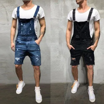 2020 Oversize Fashion Men's Ripped Jeans Jumpsuits Shorts Summer Hi Street Distressed Denim Bib Overalls For Man Suspender Pants sokotoo men s fashion slim fit bib overalls male holes ripped jeans knee length capri shorts for man free shipping