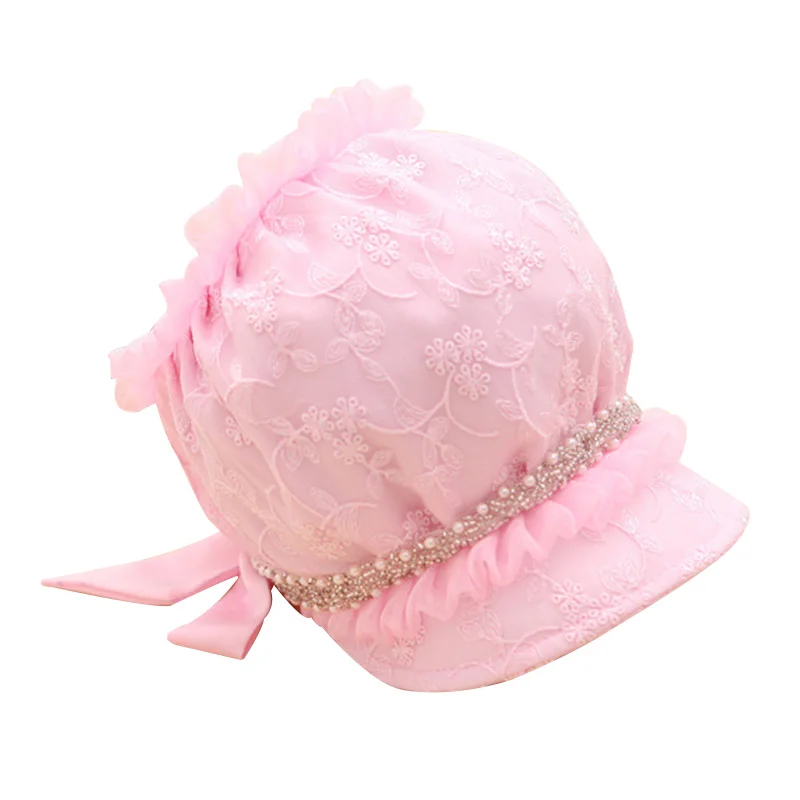 Lace Baby Girl Hat Flower Pearl Girl Summer Hat Beautiful Princess Sun Cap With Bowknot Cotton Solid Baby Cap Baby Girl Clothing (1)
