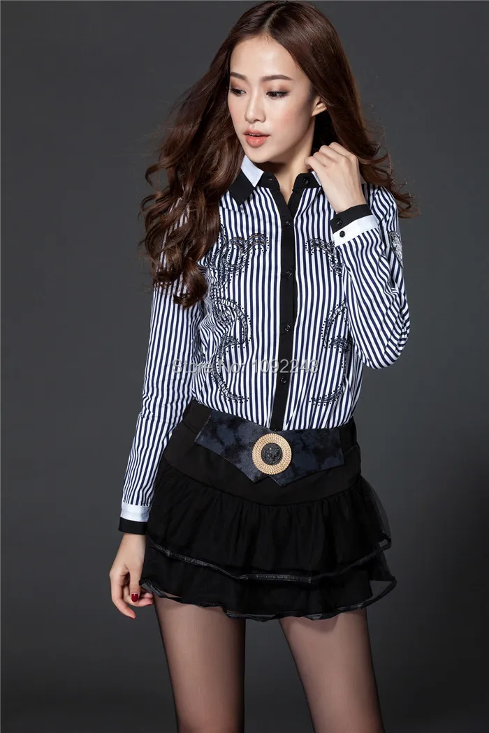2014 Real Women Blouse Blouses Autumn New Female And Striped Long-sleeved Cotton Shirt Lapel Fashion Ladies Diamond Openwork Ms |