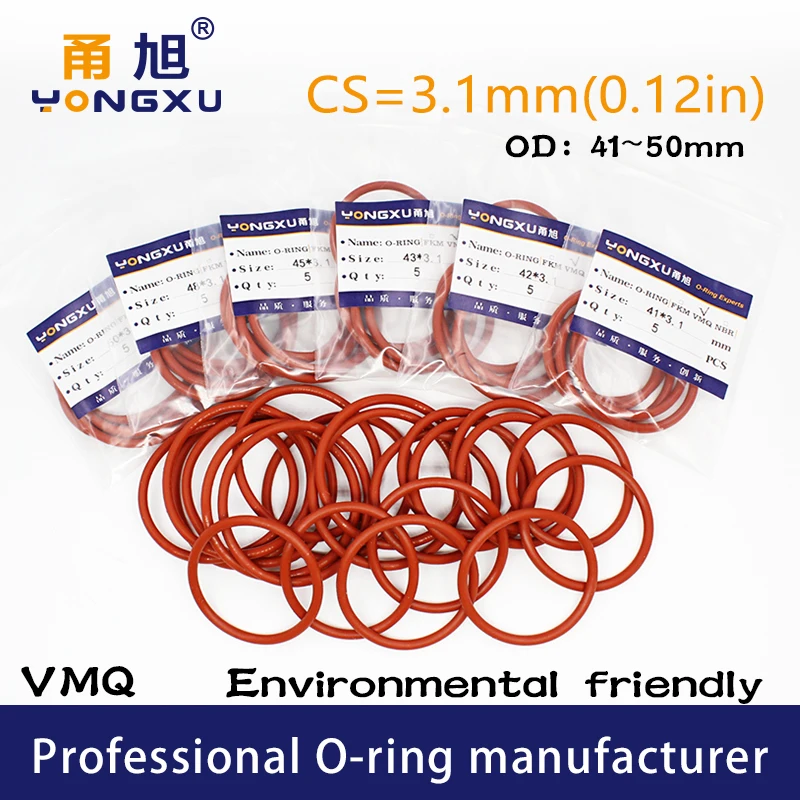 5PCS/lot Red Silicon O-ring Silicone/VMQ CS3.1mm Thickness OD 41/42/43/45/48/50*3.1mm O Ring Seal Rubber Gasket Rings Washer |