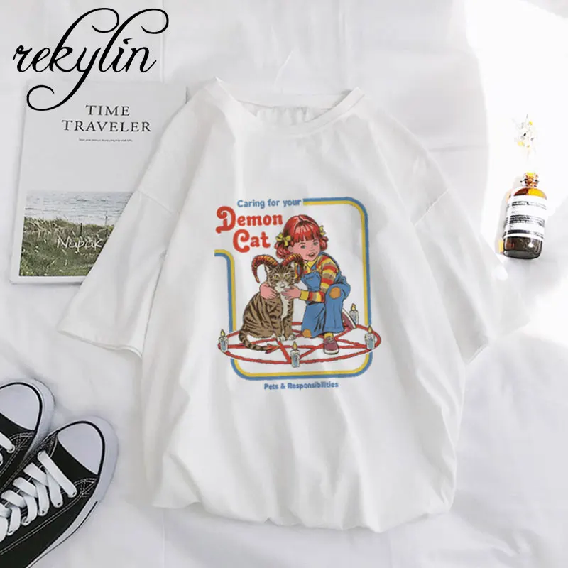 

DEMON CAT Fashion Funny Vintage T Shirts Women 2019 Summer Plus Size Tops&Tees Round Neck Vintage Short Sleeved shirts Tumblr