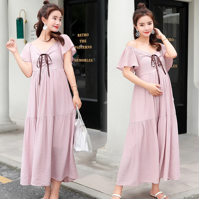 

Pengpious 2019 summer loose v-neck pregnant women long loose a-line dress Korean style maternity high waist mid-calf maxi dress