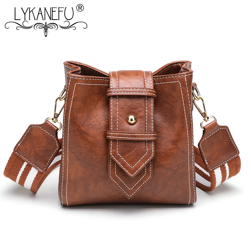 

LYKANEFU Vintage Style Women Messenger Bags Bucket Oil PU Leather Bag Women Handbag Designer Women Bag Brown/Black