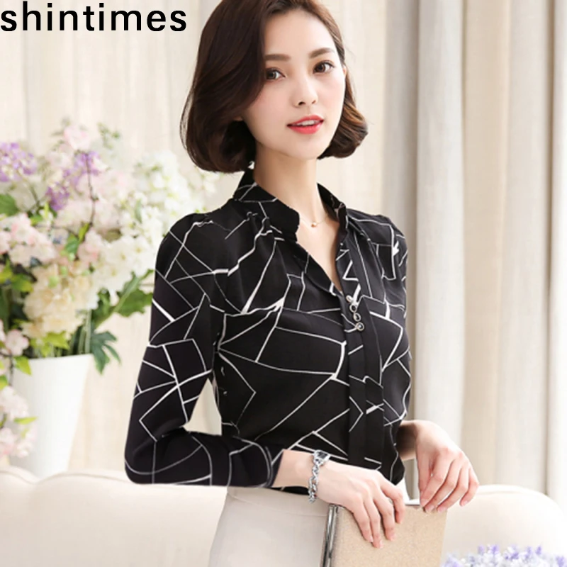 

Women Chiffon Shirt Korean Version 2019 Female Clothing Long Sleeve Blusas Chiffon Womens Office Blouses Print Striped Lady Top