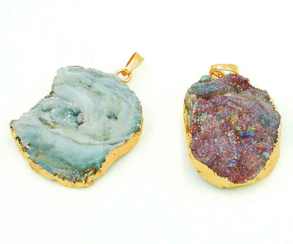 AB 컬러 버섯 마노 지오데, 드루지 불규칙한 모양 펜던트, 측면 금도금, 30-45mm