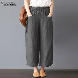 2019 ZANZEA женские с эластичной талией повседневные широкие брюки осенние полосатые шаровары хлопковые льняные длинные брюки свободные
