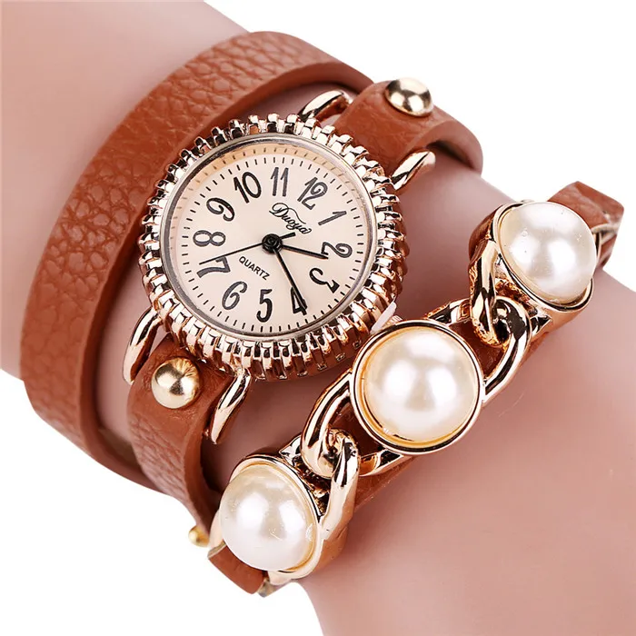 Duoya Женская мода Повседневный Браслет En Cuir Montre-Bracelet Femmes Robe relogio feminino жемчужные часы horloges женские часы B30 - Цвет: Коричневый