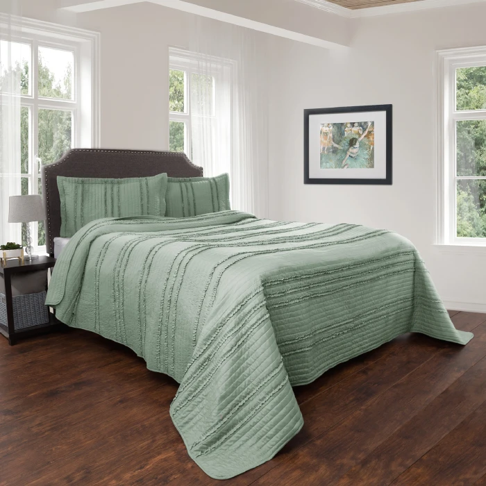Mint Queen 3 Pc Set Quilted Bedspread Elegant Striped Ruffle Hypoallergenic w Shams