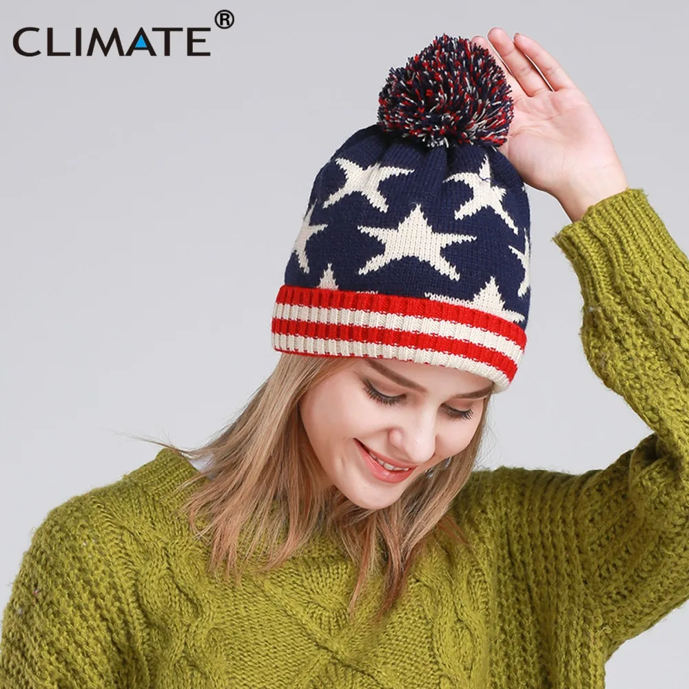 Женские зимние теплые шапки CLIMATE шапка с флагом США вязаная помпоном для девочек