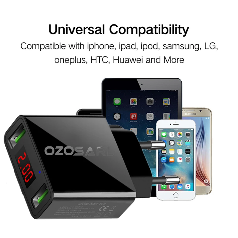 2 Порты светодиодный Дисплей Универсальный 5V 2.2A мобильного телефона Мощность адаптер USB Зарядное устройство для путешествий настенное Зарядное устройство для iPhone samsung iPad Xiaomi