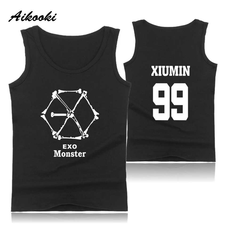 EXO Монстр топы хип-хоп летом Для мужчин модные без рукавов майка мужские черные Повседневное Для мужчин/Для женщин хлопок EXO жилет Для Мужчин's