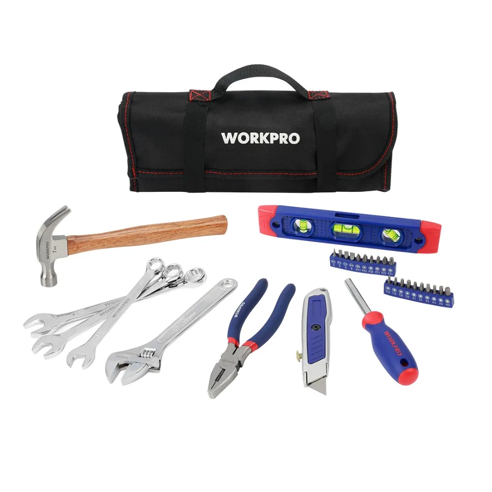 WORKPRO 29PC Home Tool Set Hand Tools Plier Knife Screwdriver Wrench Hammer Metric Tools Roll Bag