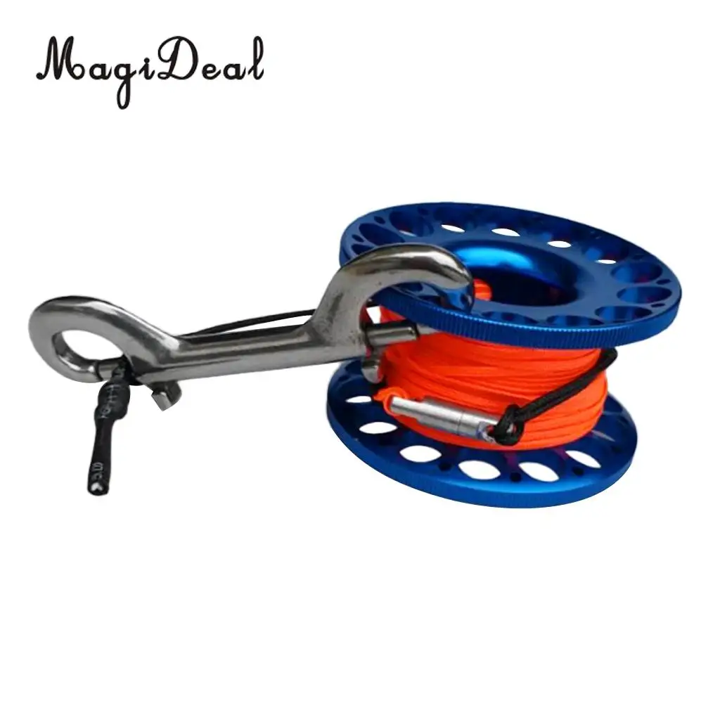 High Visibility Scuba Diving Aluminum Alloy Finger Reel Spool with 15m Line Bolt Snap for Swimming Diving Equipment Accessories