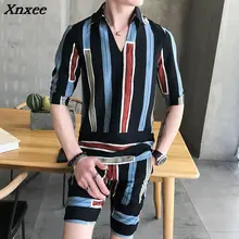 Г. Модные мужские Полосатые рубашки и штаны в Корейском стиле комплект из двух предметов свободные v-образным вырезом Повседневное Erkek Giyim Slim Fit Social Club наряды