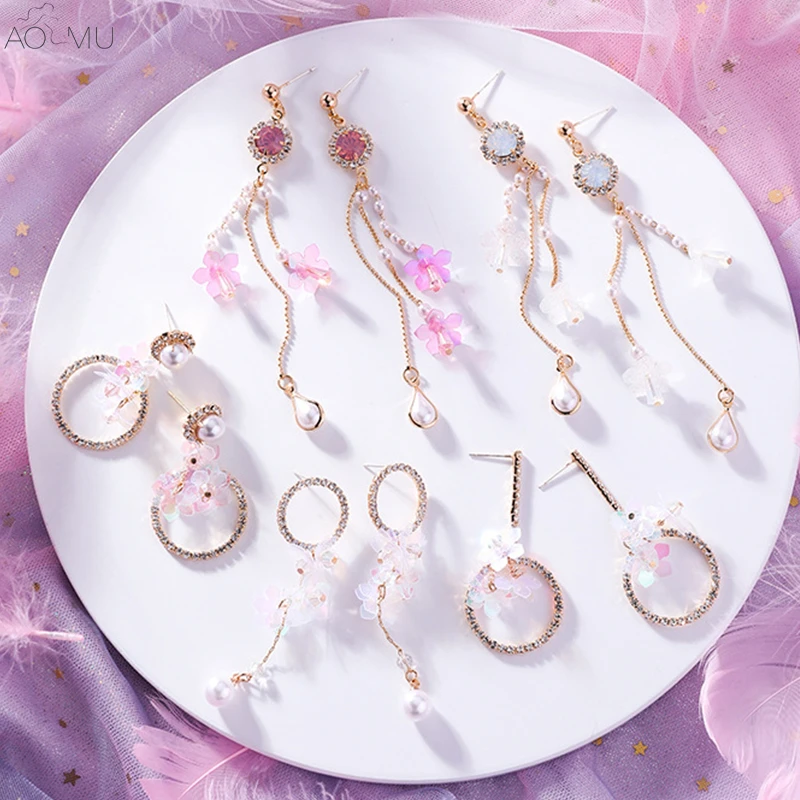 

AOMU S925 Sterling Silver Pin Colorful Sequin Crystal Geometric Round Pearl Flowers Tassel Long Drop Earrings for Women Girl