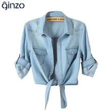 All-match denim shirt female sweep tieclasps lacing denim outerwear cardigan short design for women blouse Free shipping