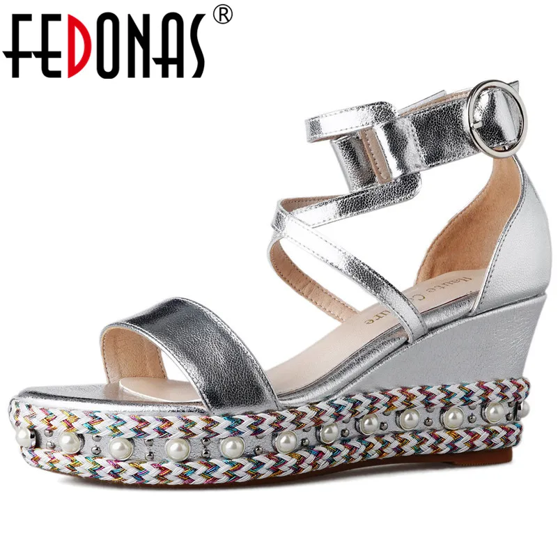 

FEDONAS High Quality Genuine Leather Pumps For Women Pearl Decoration Wedge Sandals Summer Fashion Buckle Sandals Shoes Woman