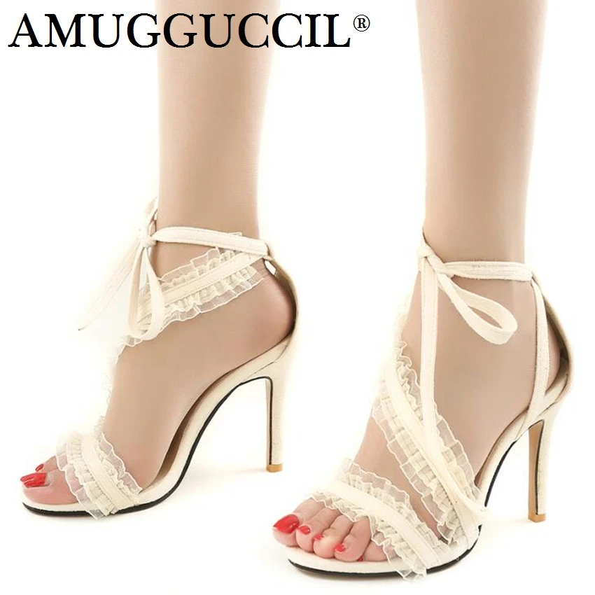 

2019 New Plus Big Size 32-46 Black Brown Beige Lace Up Fashion Sexy High Heel Wedding Summer Female Ladies Women Sandals L1010