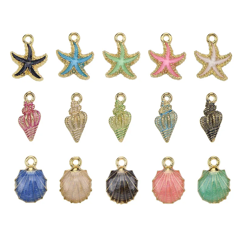 15pcs/lot Nautical Ocea Enamel Sea Starfish Shell Conch Hippocampus Charms Colorful Oil Drop Pendant For Jewelry Accessories DIY | Украшения