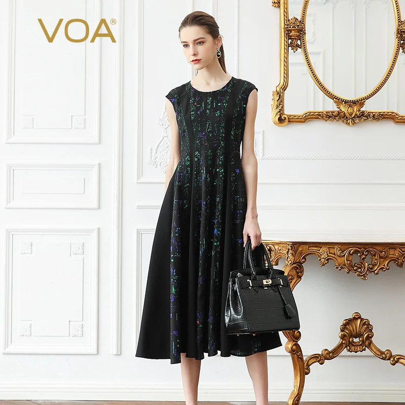 VOA Zwarte Zware Zijden Midi Vrouwen Jurk Slanke Tuniek Geplooide Jurken Plus Size Casual Gedrukt Zomer Mouwloze Schuine Zakken A373 VOA Zwarte Zware Zijden Midi Vrouwen Jurk Slanke Tuniek Geplooide Jurken Plus Size Casual Gedrukt Zomer Mouwloze Schuine Zakken A373