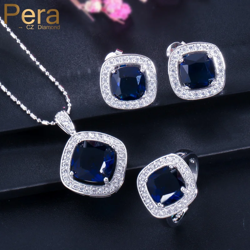 

Pera CZ Royal Elegant Women Party Jewelry Blue Austrian Crystal 925 Sterling Fashion Silver 3 Pcs Sets For Mothers Day Gift J161