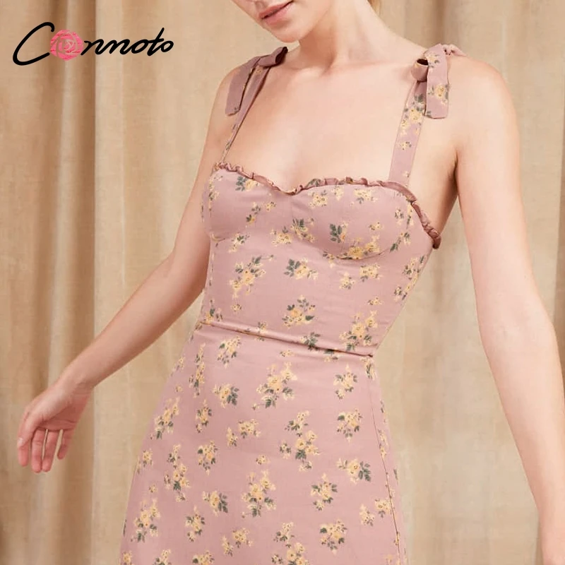 

Conmoto Pink Floral Print short Dress Women 2019 Summer Holiday Strap Beach Party Dress Female Ruffle Empire Slim Dress Vestido