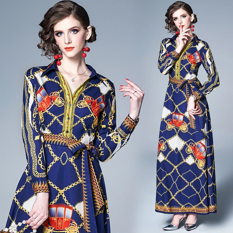 

2019 Summer Runway Floral Print Collar V Neck Button Sashes Long Sleeve Empire Waist Women Ladies Casual A-Line Maxi Beach Dress