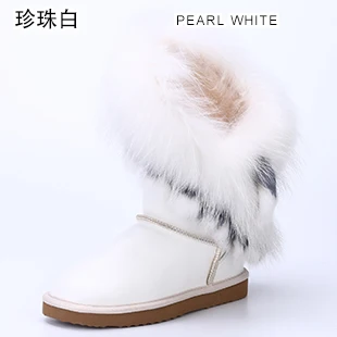 Модные стильные женские зимние ботинки с натуральным лисьим мехом; зимняя обувь с подкладкой из овечьего меха; непромокаемая черная обувь с кисточками на кроличьем меху - Цвет: Pearl White