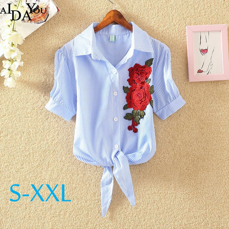 bordadas de mujer Foxmertor Hem Knot manga corta solapa azul a rayas camisa blusa ouc3284|Blusas y camisas| - AliExpress