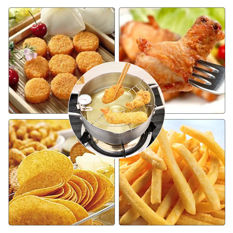 Frying Pan Fryer with Thermometer Non-stick Coating Tempura Fryer Pot Stainless Steel Mini Deep Pan with Oil Draining Shelf (8)