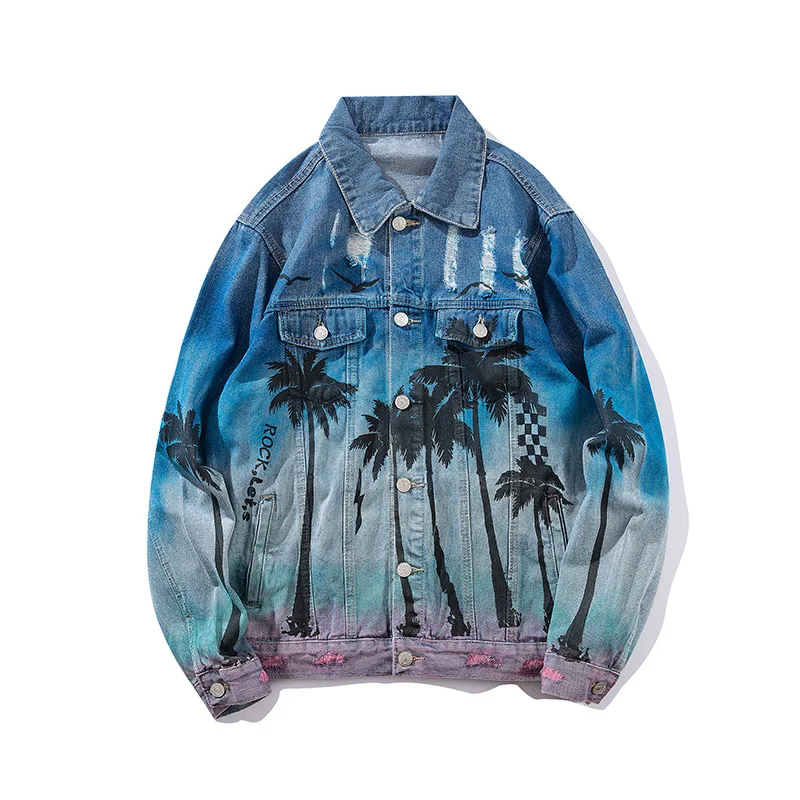 Винтажная джинсовая куртка-бомбер с рваными отверстиями, морской пляж, кокосовое дерево, Мужская джинсовая куртка в стиле хип-хоп, рваная уличная одежда, джинсовая куртка